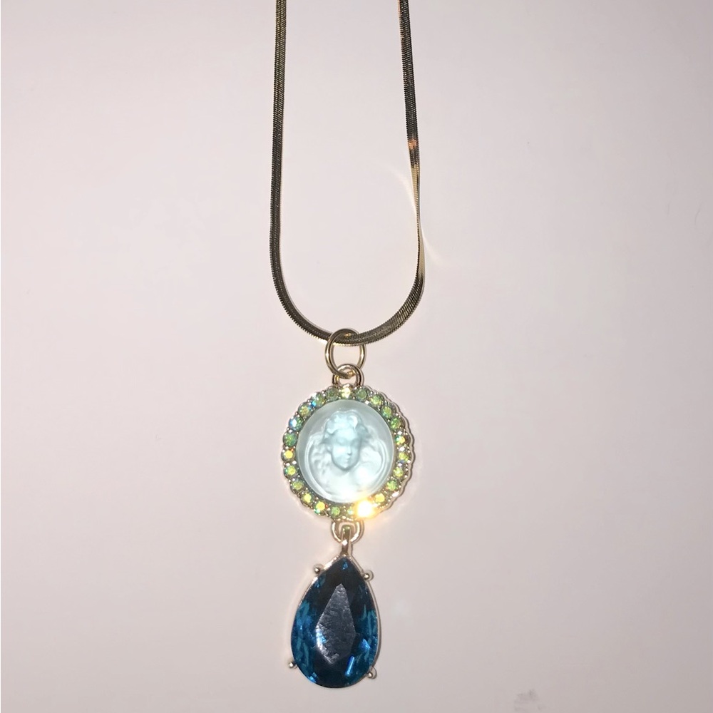 Gold Plated Thick Chain With Angel/Blue Jewel Pendant